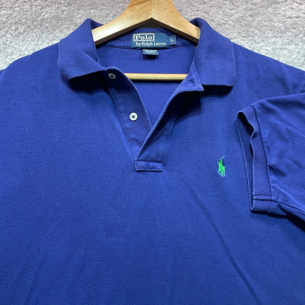 Polo Ralph Lauren Mens Blue Cotton Pique Short Sleeve Polo Shirt Green Pony L